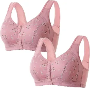 2 PC Bras for Older Women Front Closure Push up Bra Wireless Push up Full Coverage Bra Plus Size No Underwire Bralette