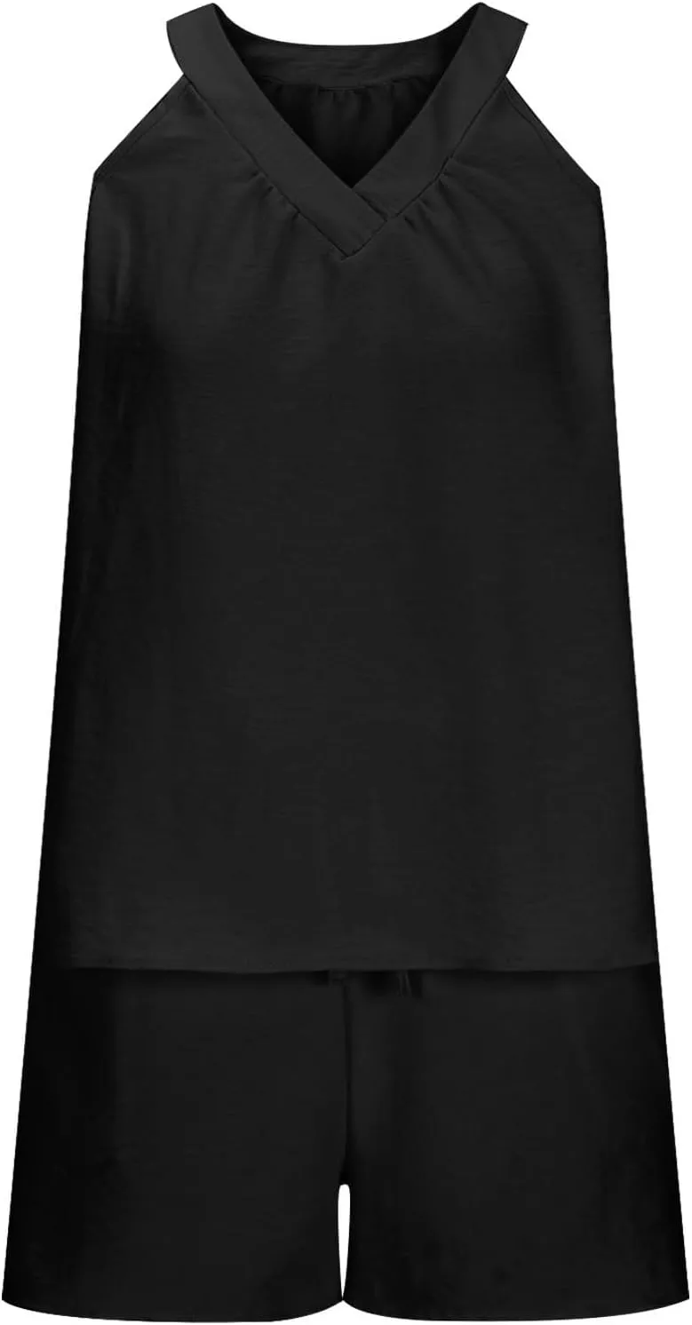 2 Piece Lounge Sets for Women Soft Comfy Pajama V Neck Cami Pj Shorts Set with Pocket Summer Camisole Cute Sleepwear