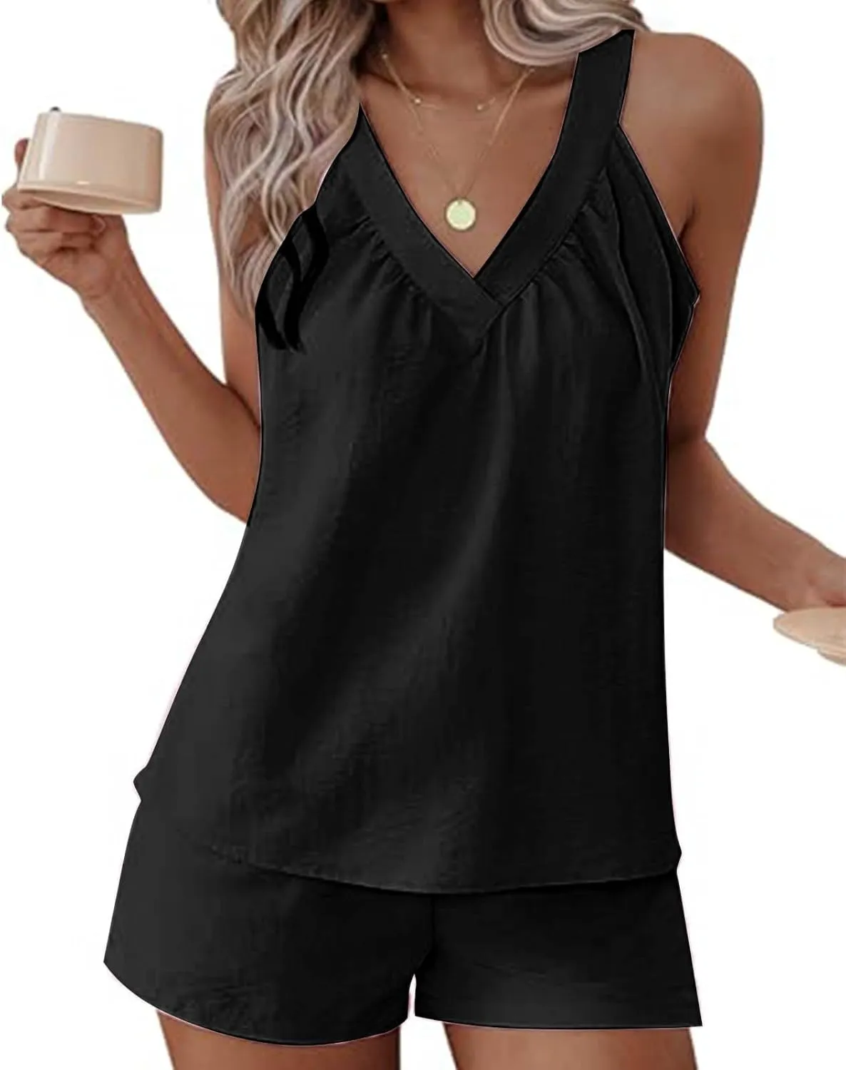 2 Piece Lounge Sets for Women Soft Comfy Pajama V Neck Cami Pj Shorts Set with Pocket Summer Camisole Cute Sleepwear