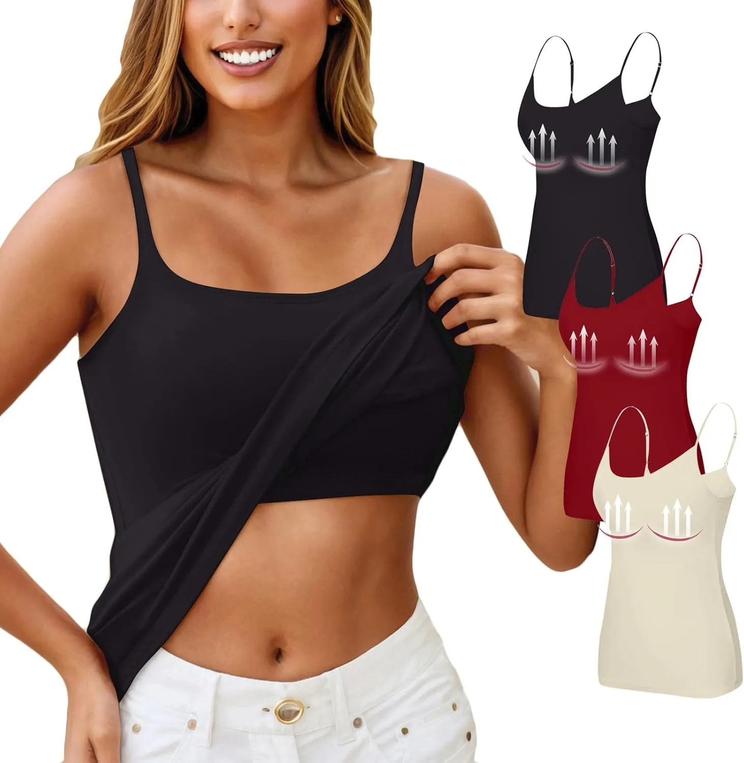 3 Pack Womens Tank Tops with Built in Bra Adjustable Spaghetti Strap Camisole Tanks Basic Padded Shelf Bra Tank Tops