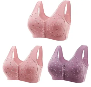 3 Packs Bra for Older Womens Daisy Bralettes 2024 New Comfortable Convenient Front Close Button Cotton Bras No