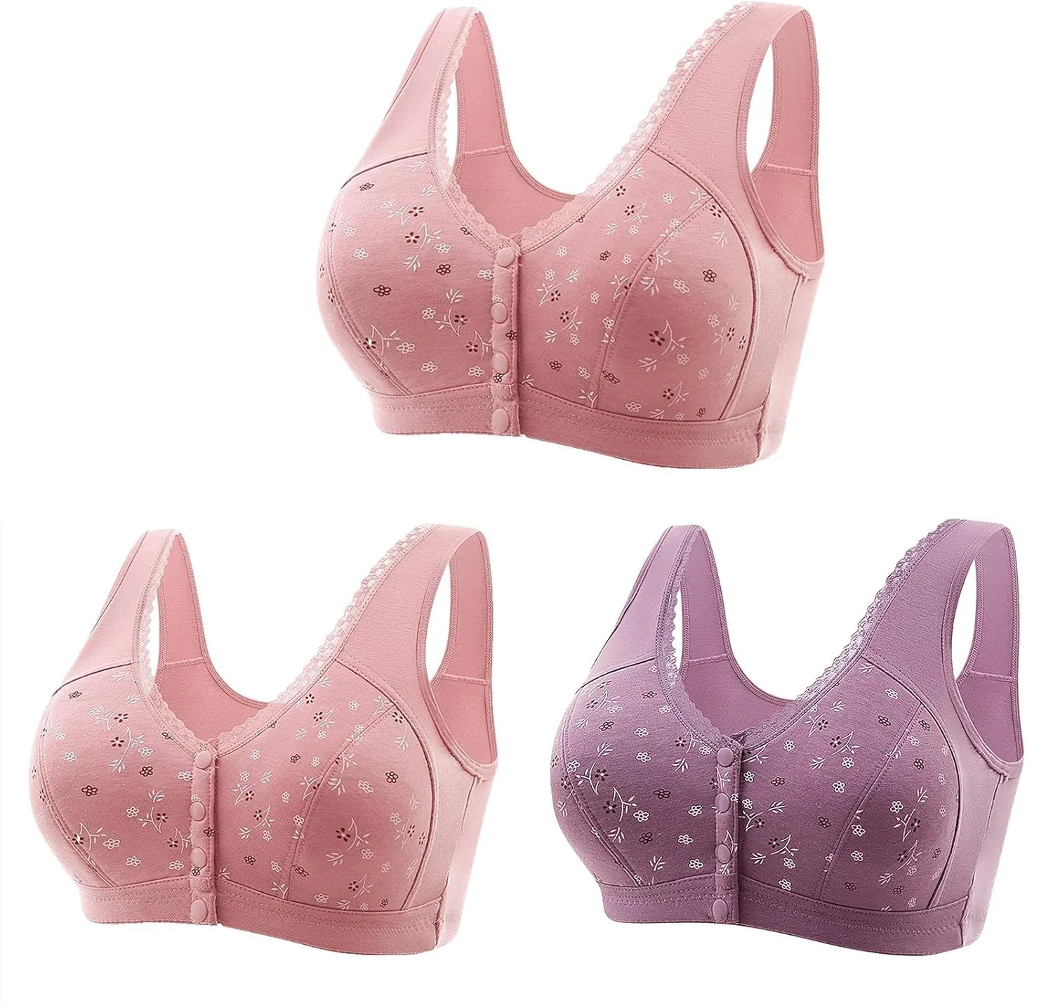 3 Packs Bra for Older Womens Daisy Bralettes 2024 New Comfortable Convenient Front Close Button Cotton Bras No