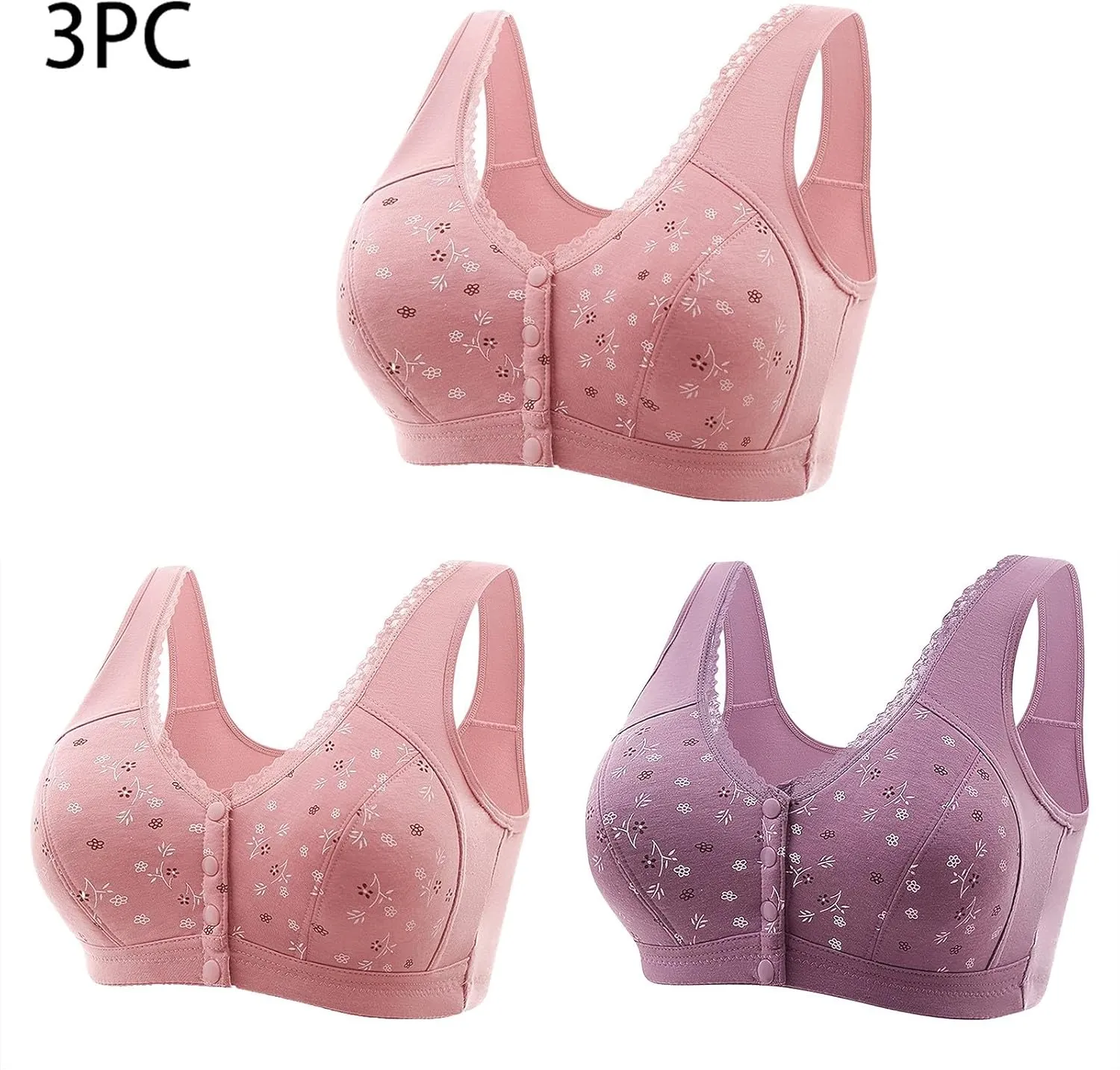 3 Packs Bra for Older Womens Daisy Bralettes 2024 New Comfortable Convenient Front Close Button Cotton Bras No