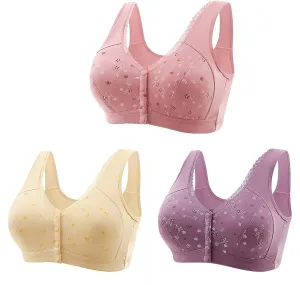 3 Packs Bra for Older Womens Daisy Bralettes 2024 New Comfortable Convenient Front Close Button Cotton Bras No