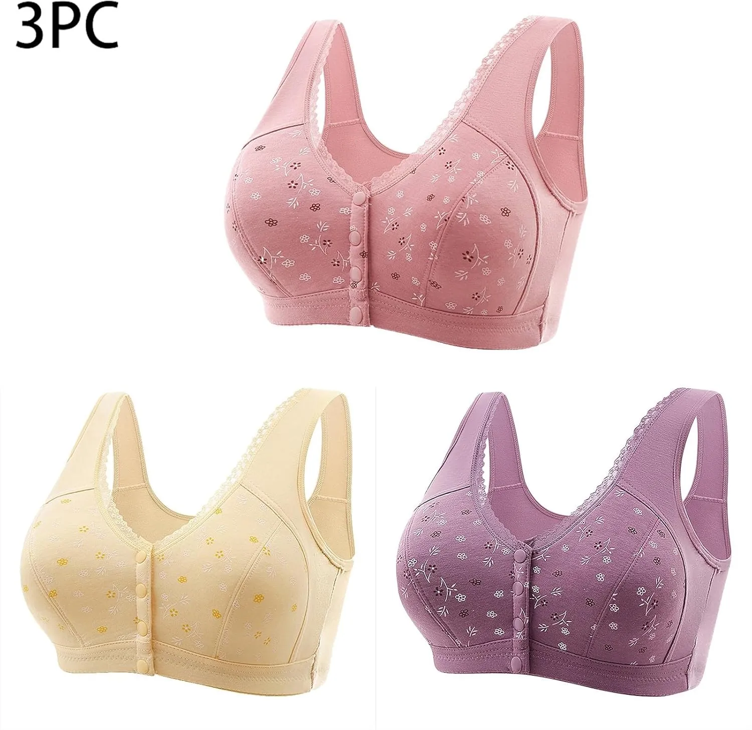 3 Packs Bra for Older Womens Daisy Bralettes 2024 New Comfortable Convenient Front Close Button Cotton Bras No