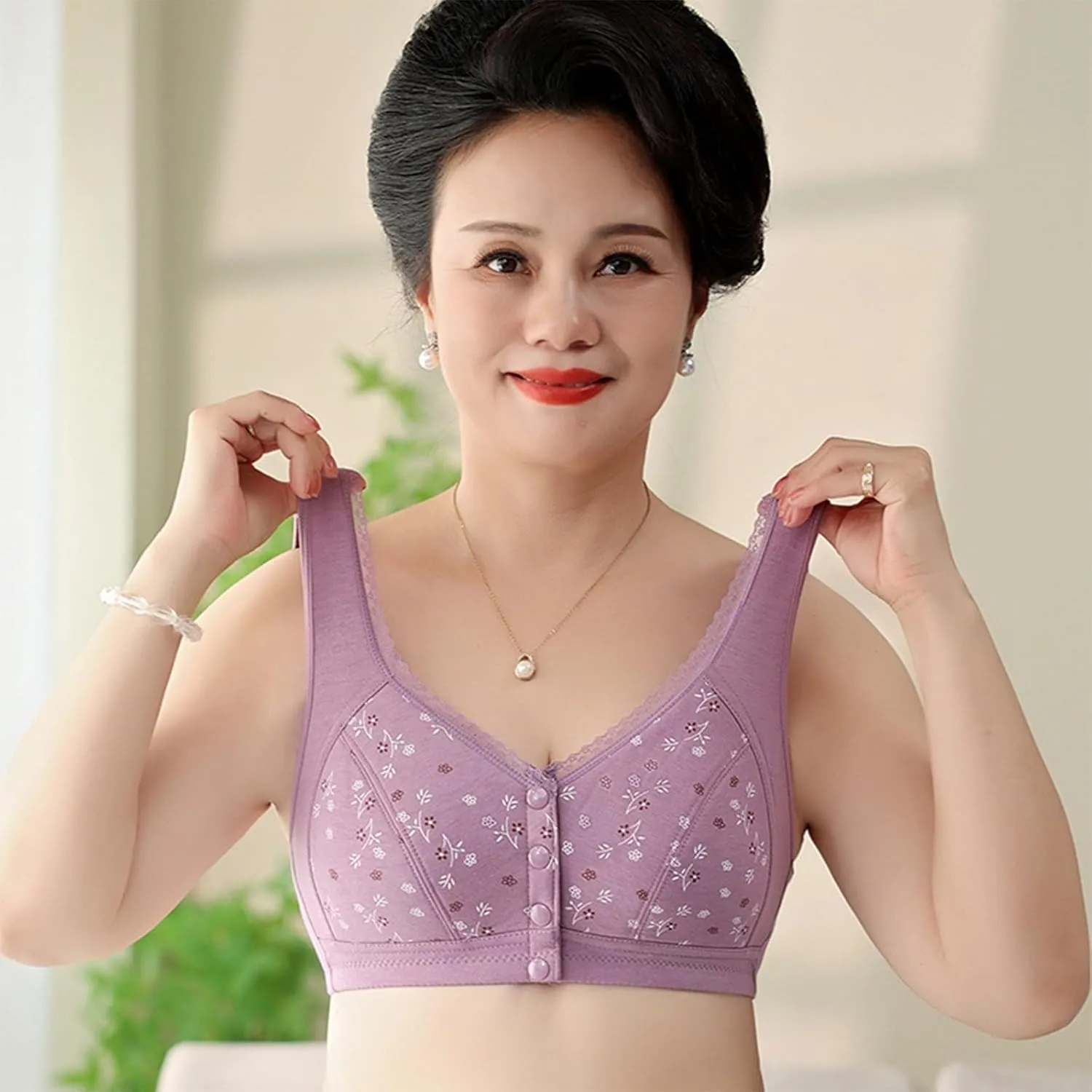 3 Packs Bra for Older Womens Daisy Bralettes 2024 New Comfortable Convenient Front Close Button Cotton Bras No