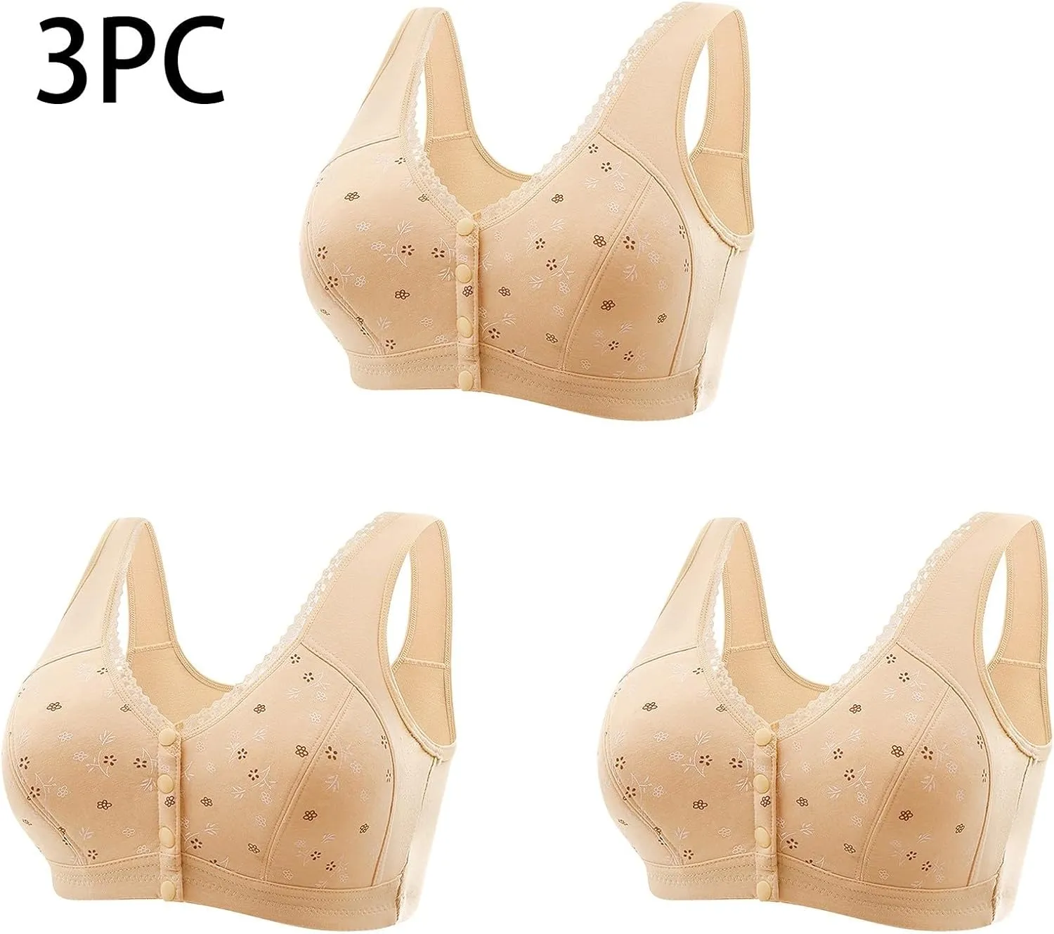 3 Packs Bra for Older Womens Daisy Bralettes 2024 New Comfortable Convenient Front Close Button Cotton Bras No