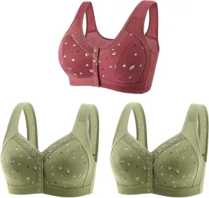 3 PC Daisy Bras for Older Women No Underwire Front Closure Comfort Senior Comfort Full Coverage Snap Closing Bralettes