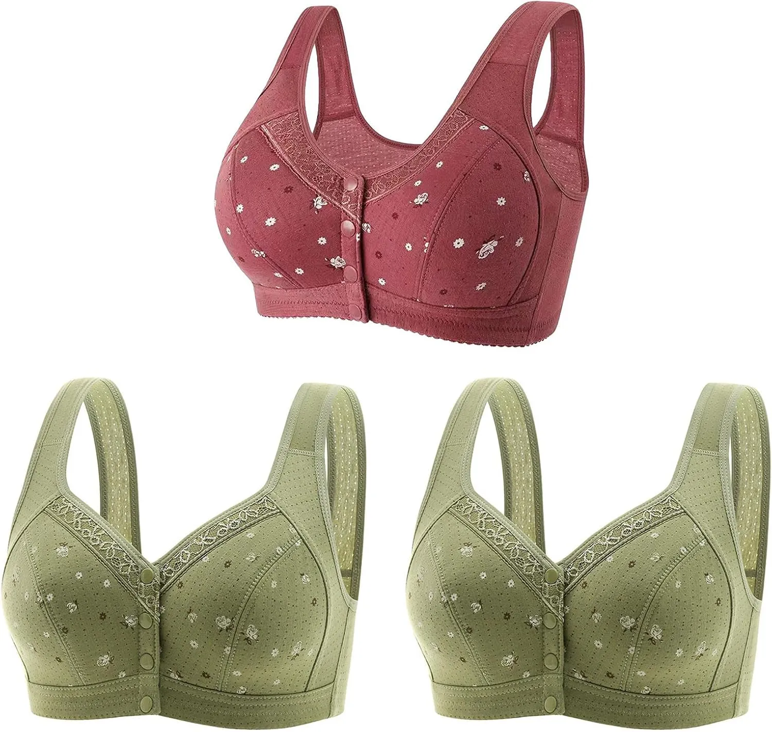 3 PC Daisy Bras for Older Women No Underwire Front Closure Comfort Senior Comfort Full Coverage Snap Closing Bralettes
