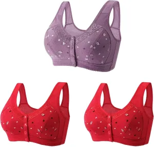 3 PC Daisy Bras for Older Women No Underwire Front Closure Comfort Senior Comfort Full Coverage Snap Closing Bralettes