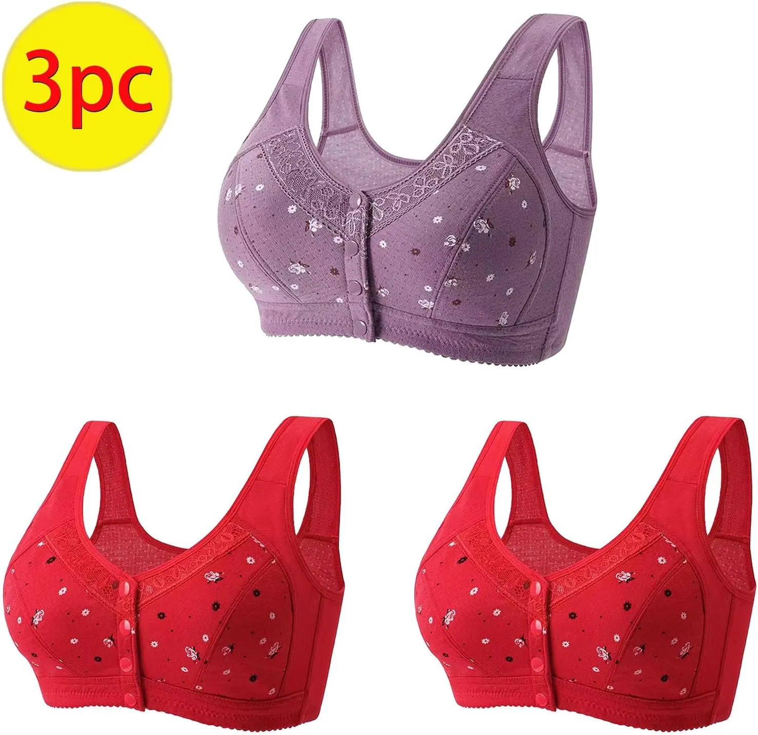 3 PC Daisy Bras for Older Women No Underwire Front Closure Comfort Senior Comfort Full Coverage Snap Closing Bralettes