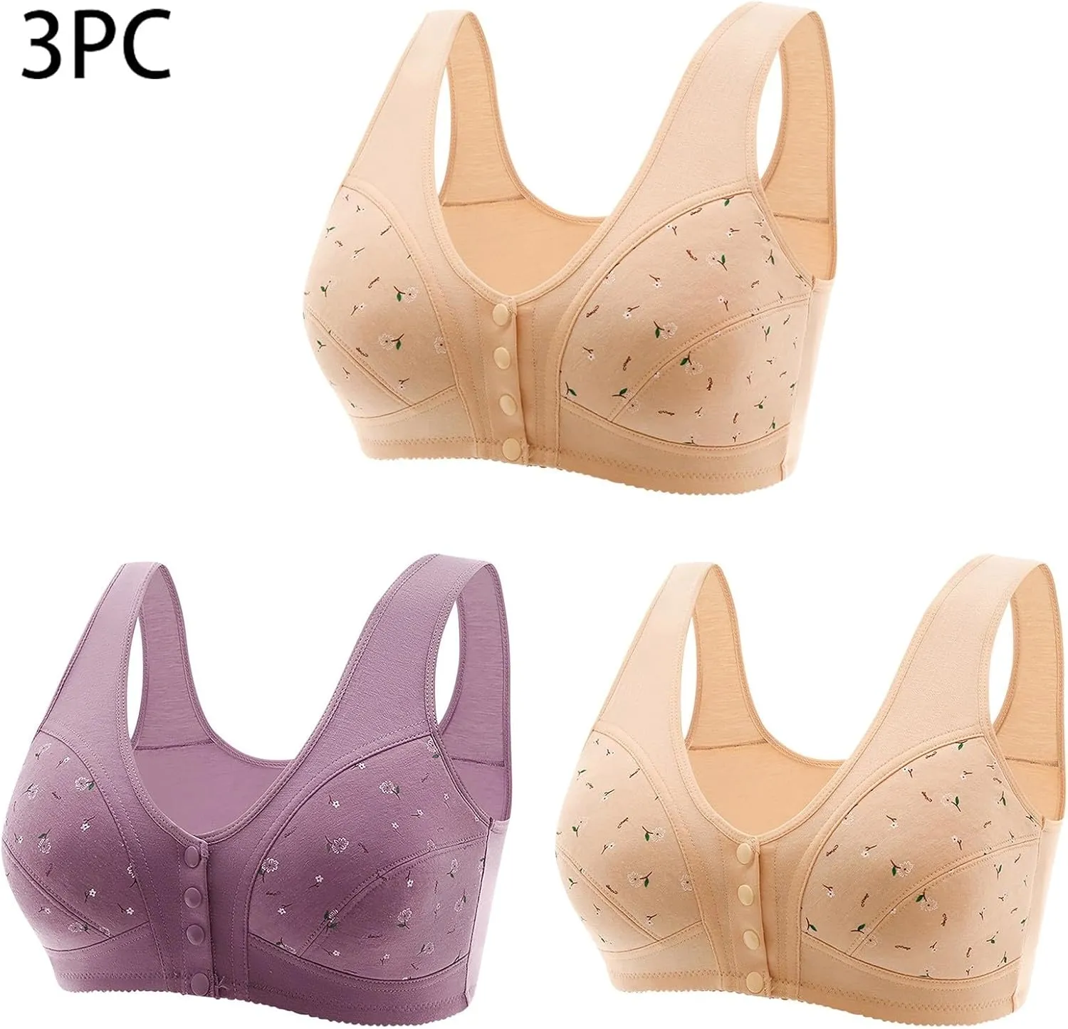 3 PC Daisy Bras Older for Women Comfy Front Closure Breathable Plus Size No Underwire Bralette Push Up Bra for Seniors