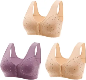 3 PC Daisy Bras Older for Women Comfy Front Closure Breathable Plus Size No Underwire Bralette Push Up Bra for Seniors