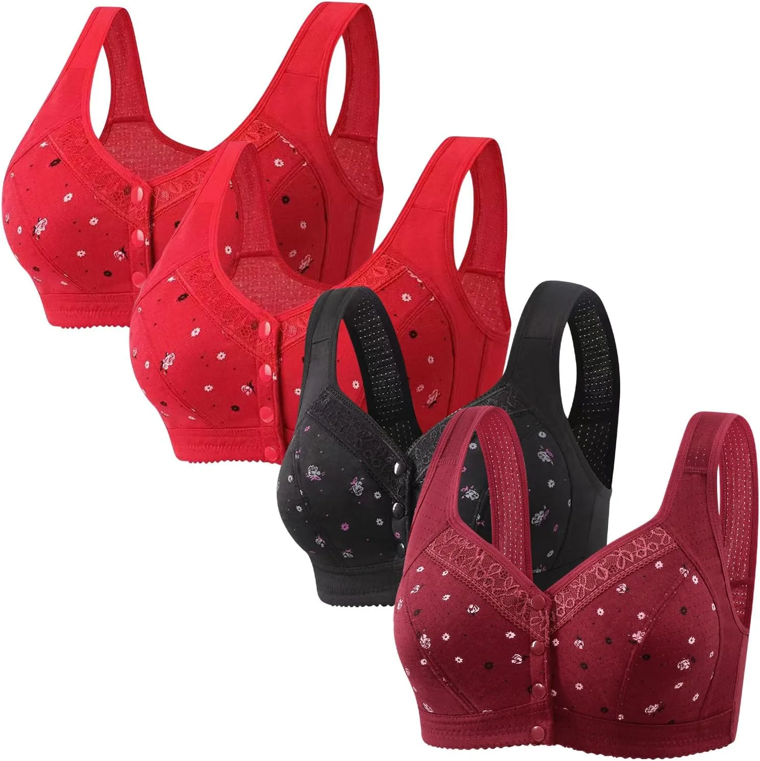 4Pack Plus Size Everyday Sleep Bras for Women Soft Cup Wireless Front Snap Close Bras with Removable Pads of Women