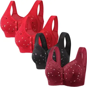 4Pack Plus Size Everyday Sleep Bras for Women Soft Cup Wireless Front Snap Close Bras with Removable Pads of Women