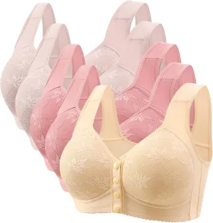 5PC Daisy Bras for Older Women Button Front Closure Comfortable Everyday Bras No Underwire Wireless Bra 2025