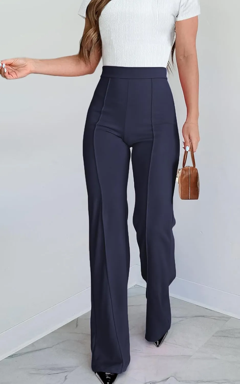 Agenlulu Wide Leg Dress Pants for Women Elastic High Waist Straight Leg Pants Business Casual Pull on Office Work Slacks