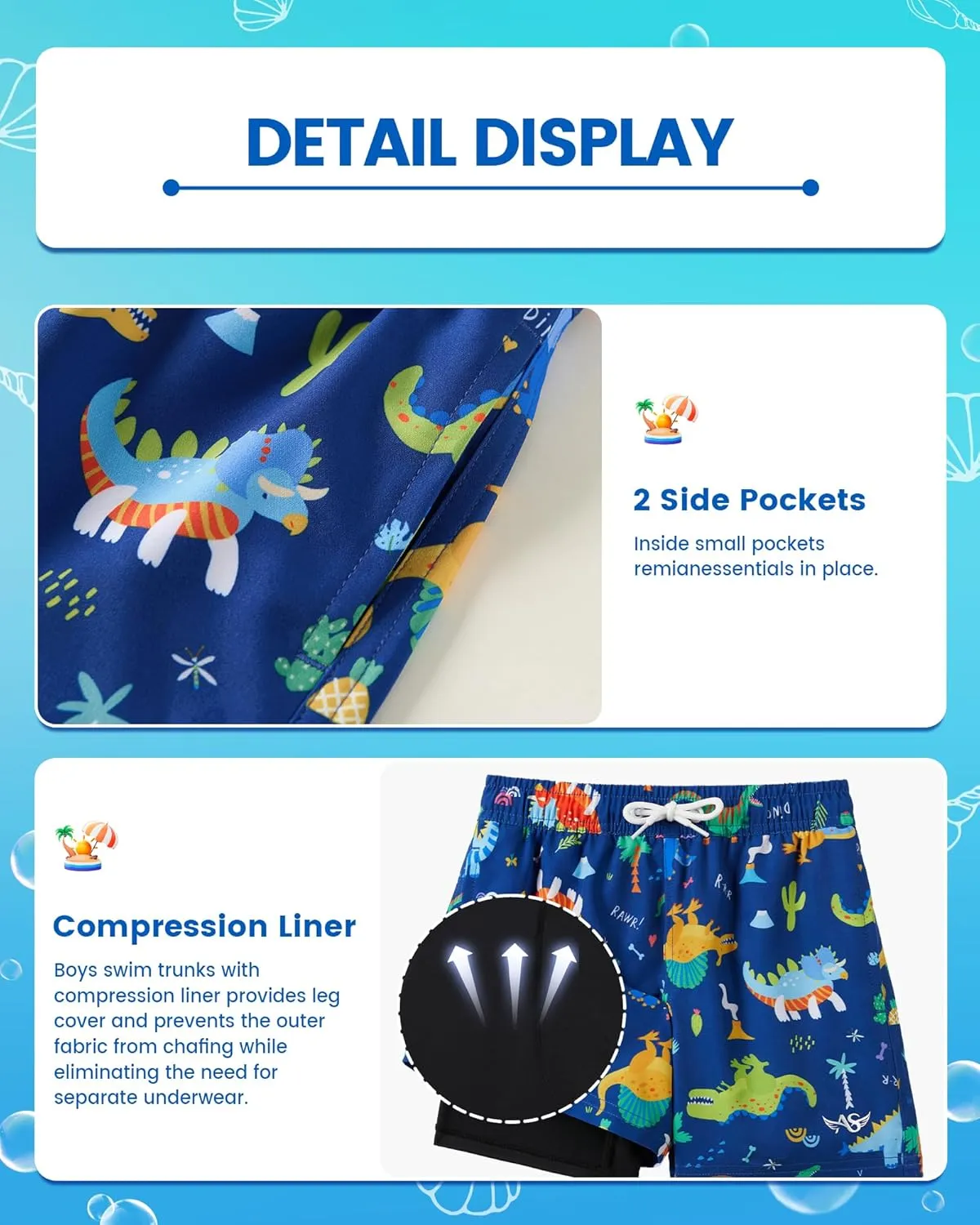 Angel season Boys Swim Trunks with Compression Liner Toddler Swim Shorts Stretch Bathing Suits for Boy Swimsuit Size 2-8