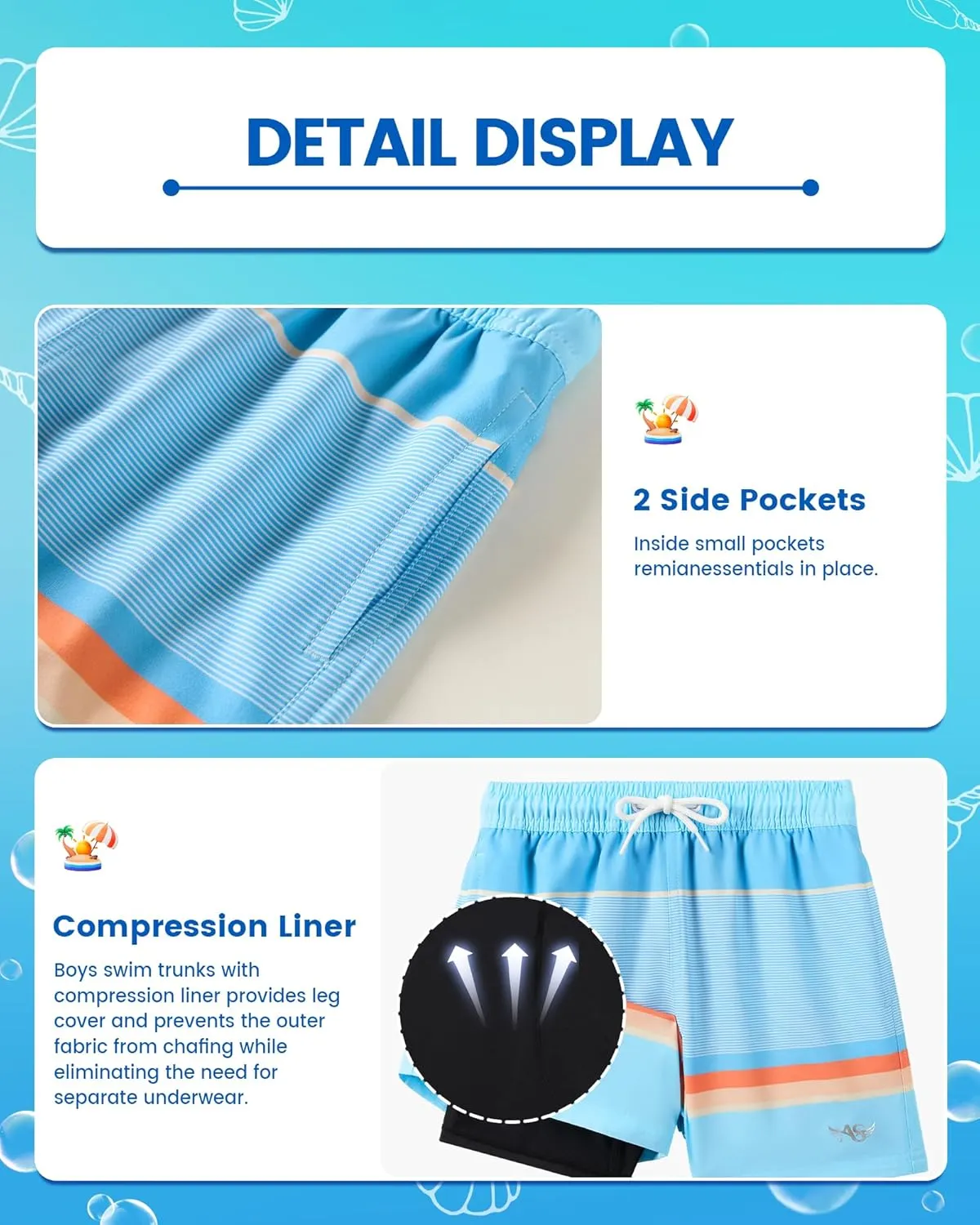 Angel season Boys Swim Trunks with Compression Liner Toddler Swim Shorts Stretch Bathing Suits for Boy Swimsuit Size 2-8