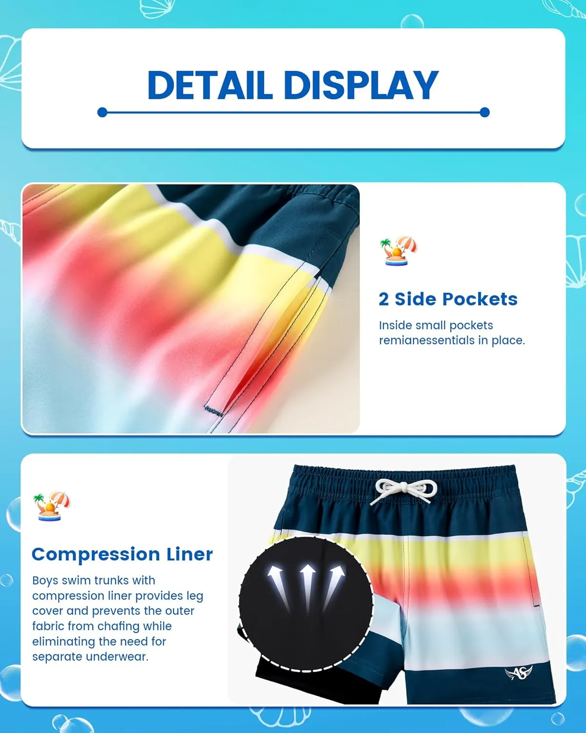 Angel season Boys Swim Trunks with Compression Liner Toddler Swim Shorts Stretch Bathing Suits for Boy Swimsuit Size 2-8