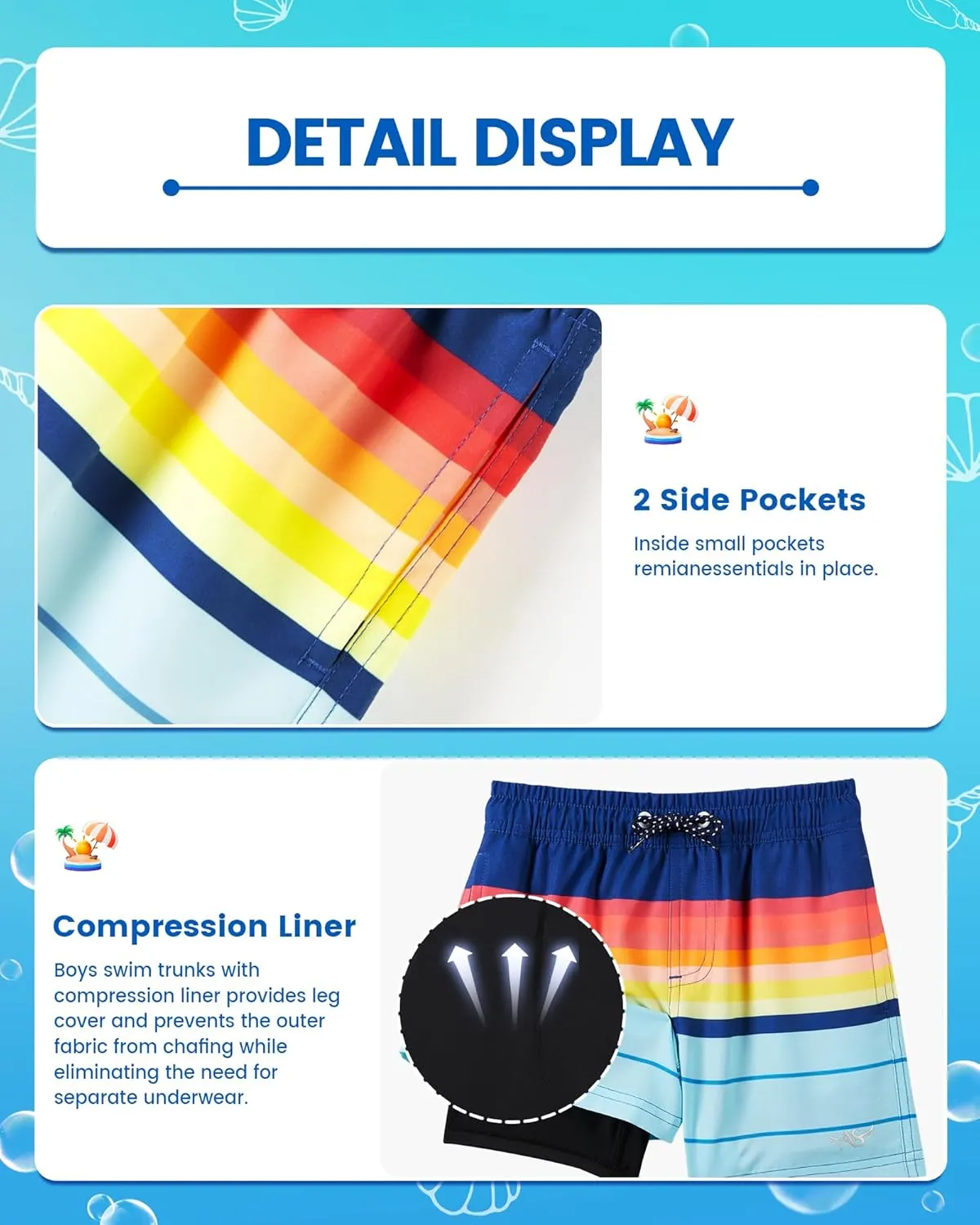 Angel season Boys Swim Trunks with Compression Liner Toddler Swim Shorts Stretch Bathing Suits for Boy Swimsuit Size 2-8