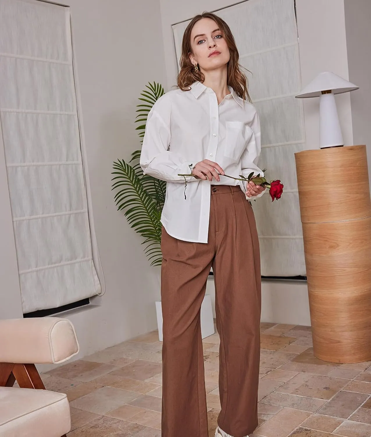 ASSUAL Casual Wide Leg Dress Pants Midi Waist Loose Comfy Straight Trousers