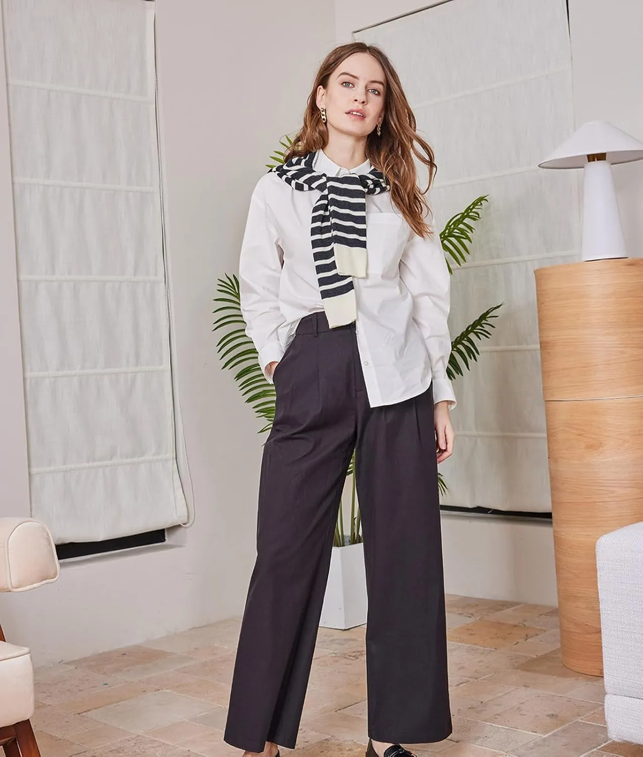 ASSUAL Casual Wide Leg Dress Pants Midi Waist Loose Comfy Straight Trousers