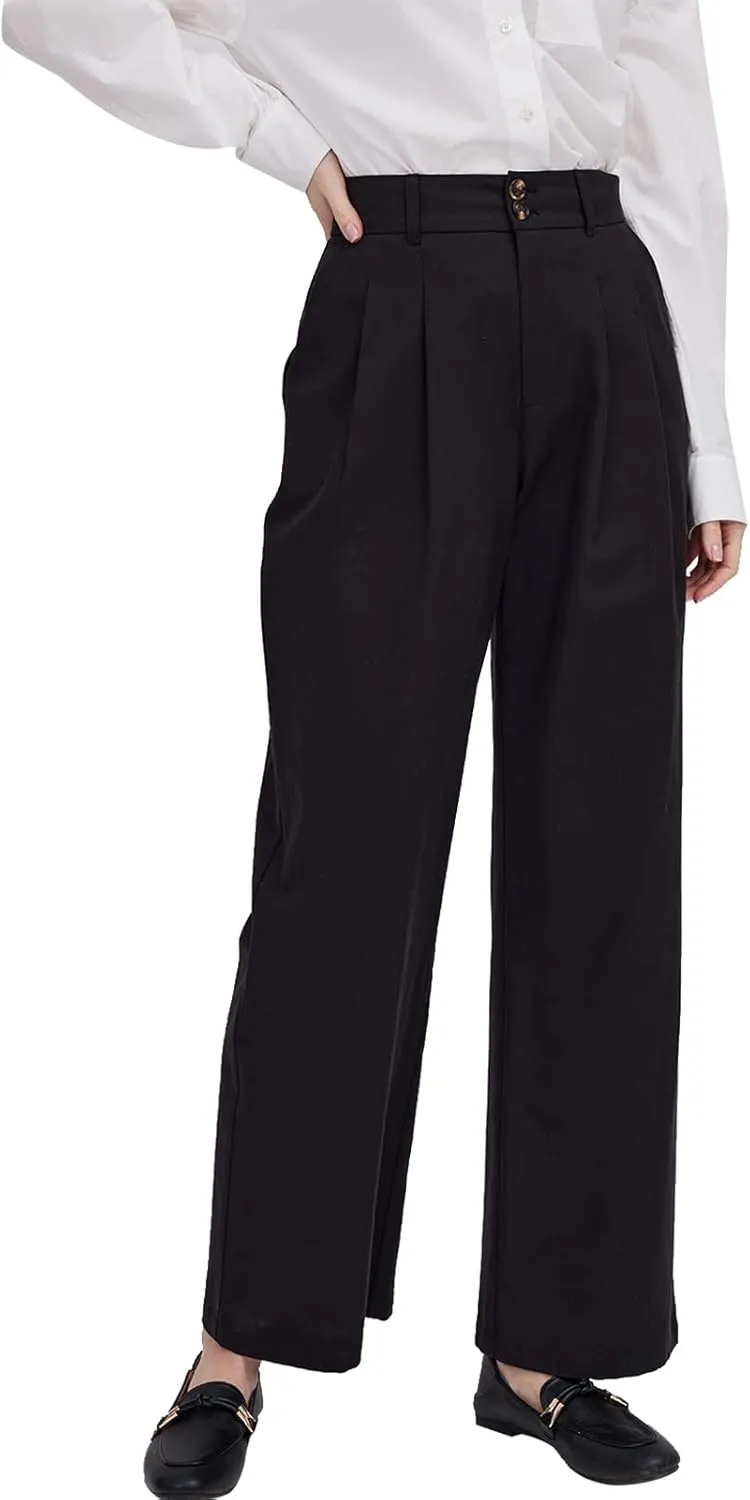 ASSUAL Casual Wide Leg Dress Pants Midi Waist Loose Comfy Straight Trousers