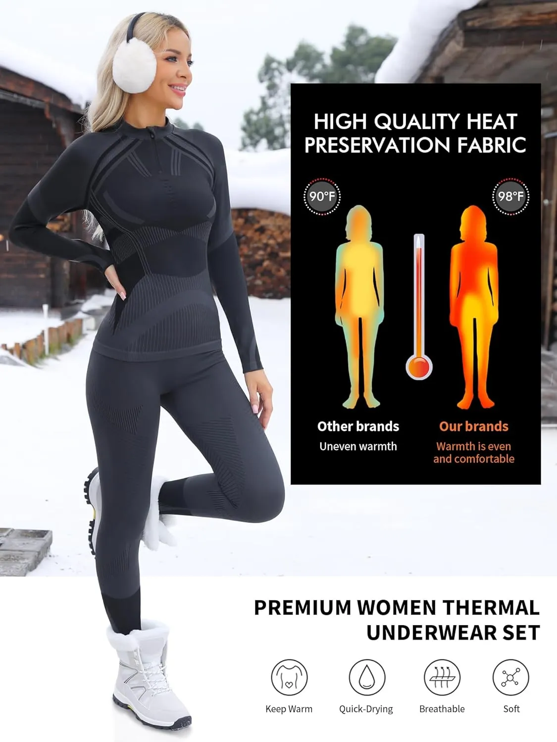 ATTRACO Womens Thermal Underwear Sets Half Zip Womens Long Johns Underwear Thermal Wear for Women Thermal Set Winter