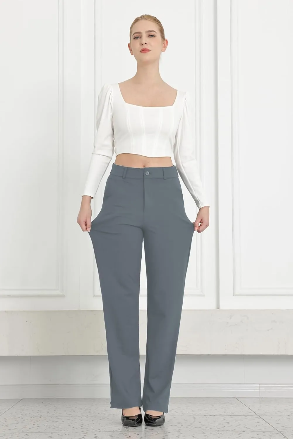 Bamans Womens Dress Pants Flare Leggings Work Office Pants Wide Leg Slacks High Waist Bootcut Business Trousers