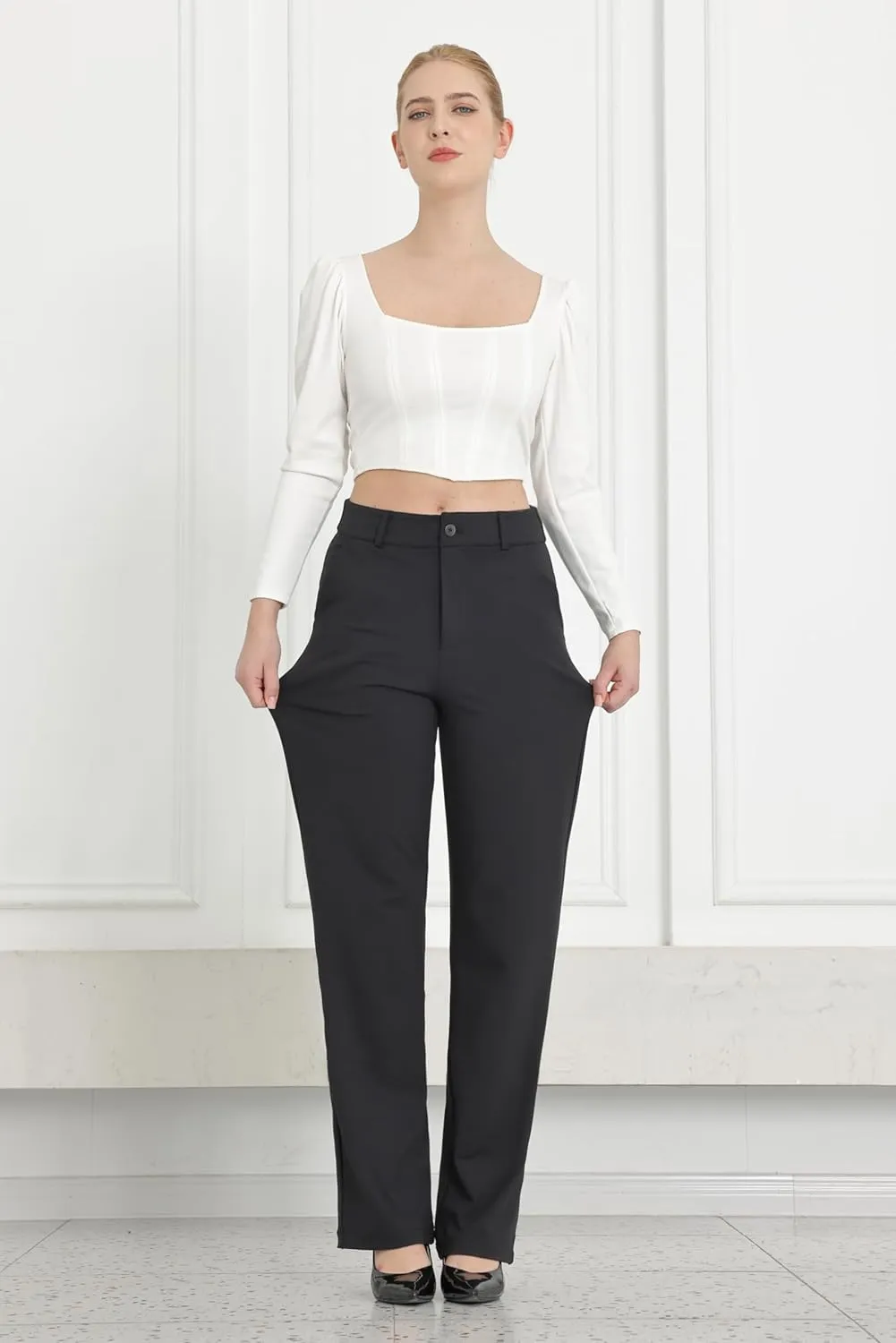 Bamans Womens Dress Pants Flare Leggings Work Office Pants Wide Leg Slacks High Waist Bootcut Business Trousers
