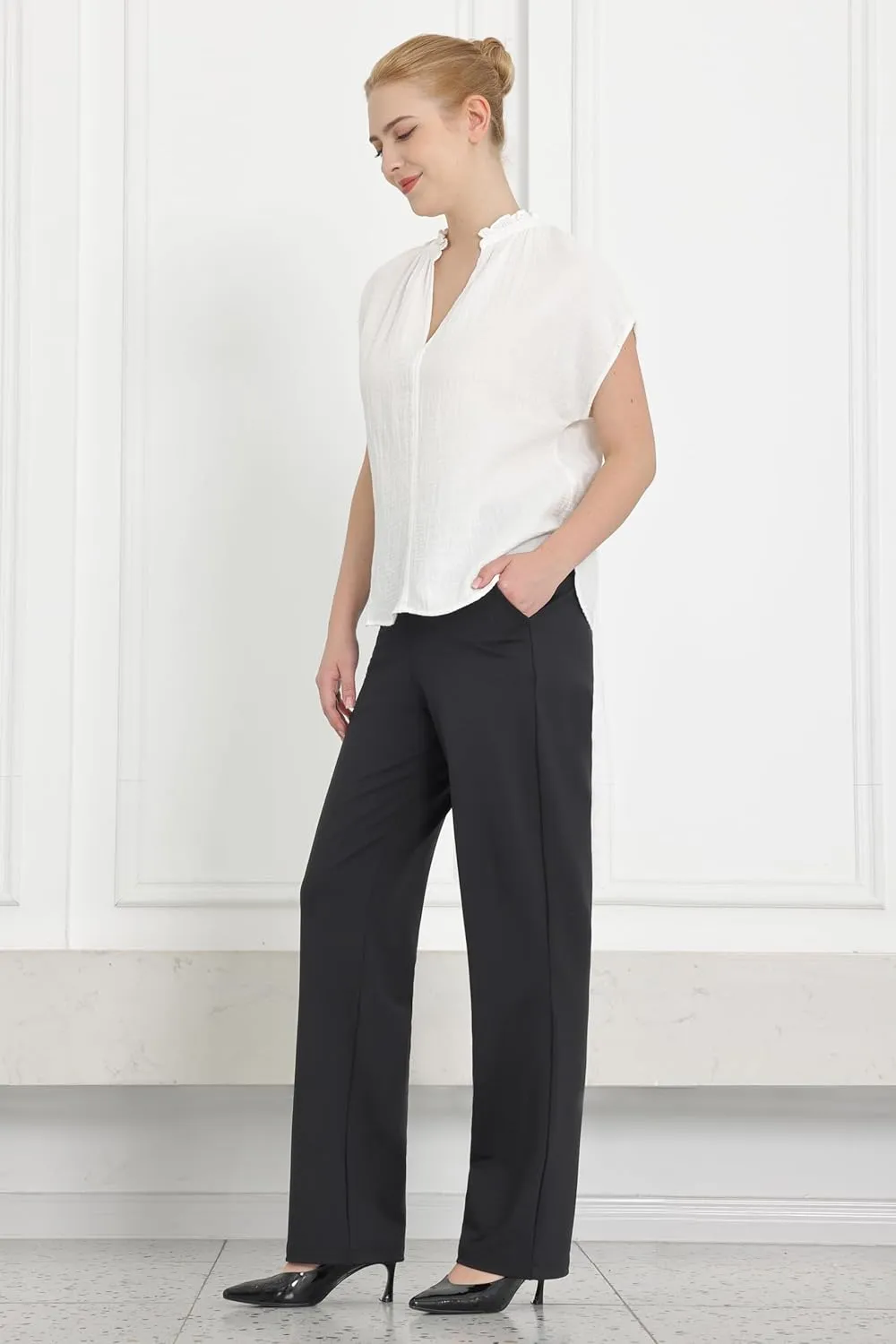 Bamans Womens Dress Pants Flare Leggings Work Office Pants Wide Leg Slacks High Waist Bootcut Business Trousers