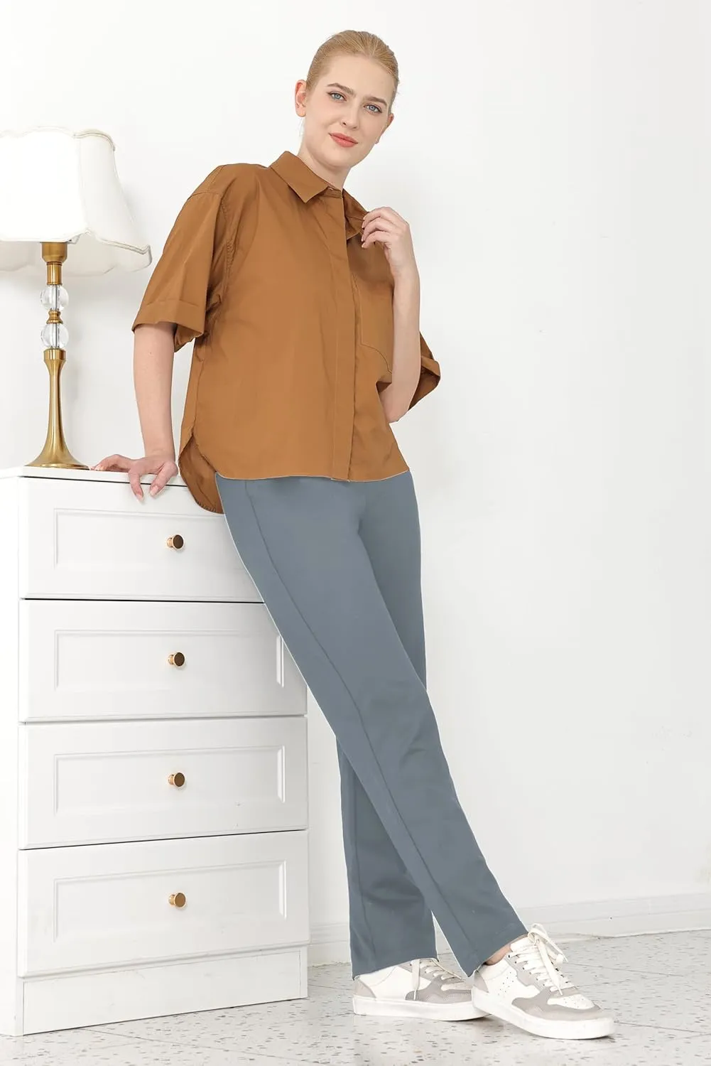 Bamans Womens Dress Pants Work Straight Leg Pants Office 31'' Inseam Bootcut High Waisted Casual Busines Trousers