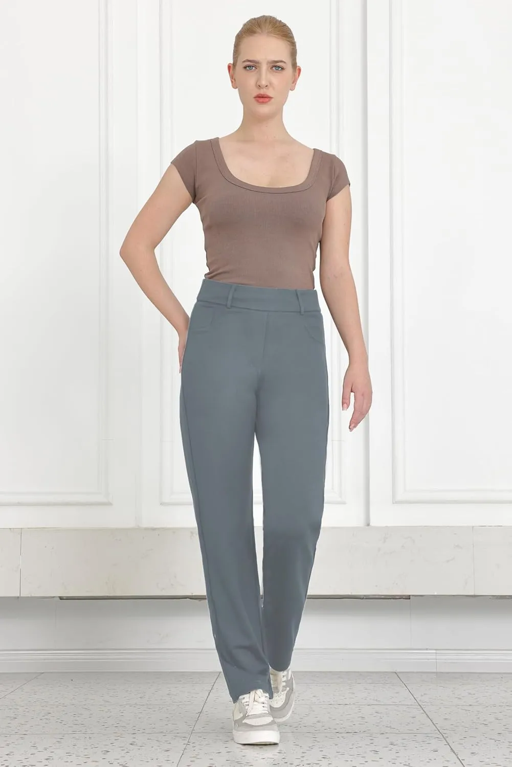 Bamans Womens Dress Pants Work Straight Leg Pants Office 31'' Inseam Bootcut High Waisted Casual Busines Trousers