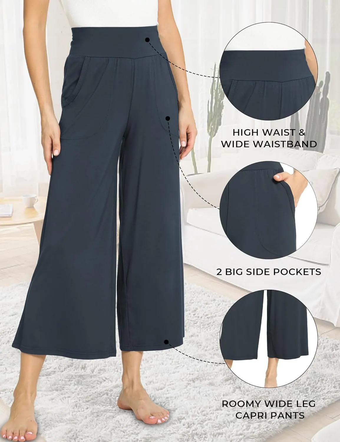 Bamboo Viscose Capri Pants for Women, Wide Leg Cropped Pajama Pants, Loose Yoga Sweatpants, Palazzo Lounge Pj Bottoms