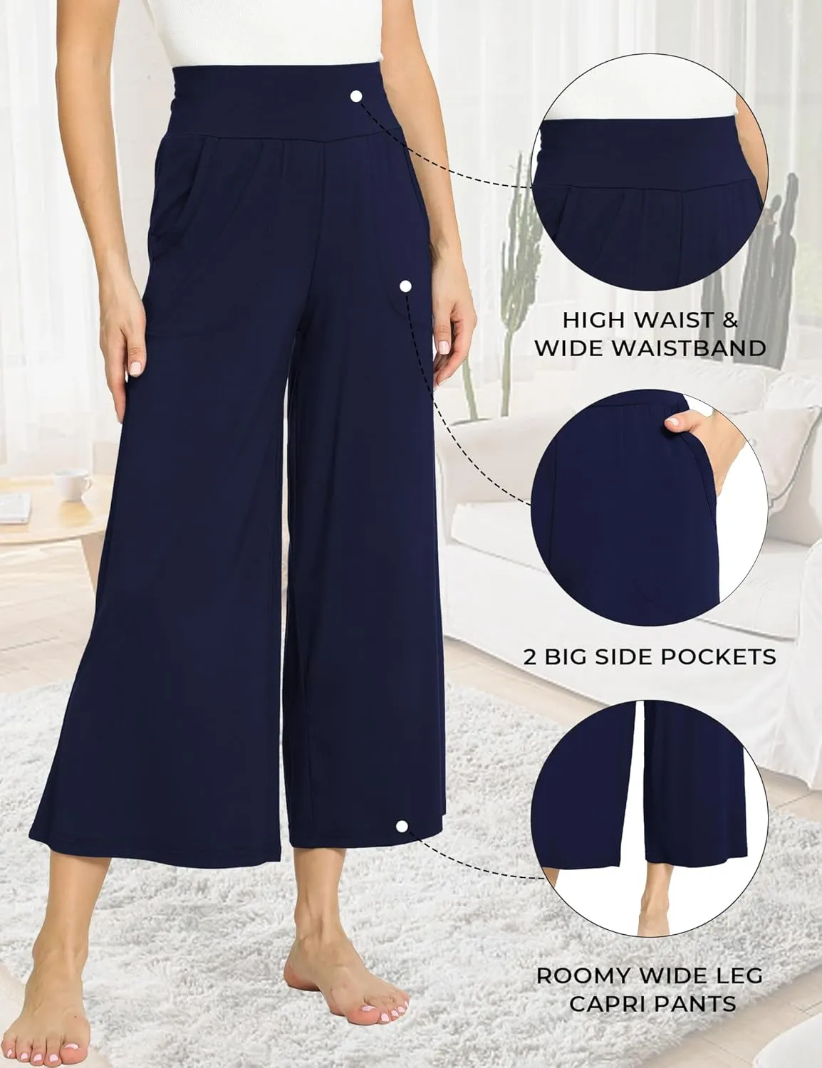Bamboo Viscose Capri Pants for Women, Wide Leg Cropped Pajama Pants, Loose Yoga Sweatpants, Palazzo Lounge Pj Bottoms