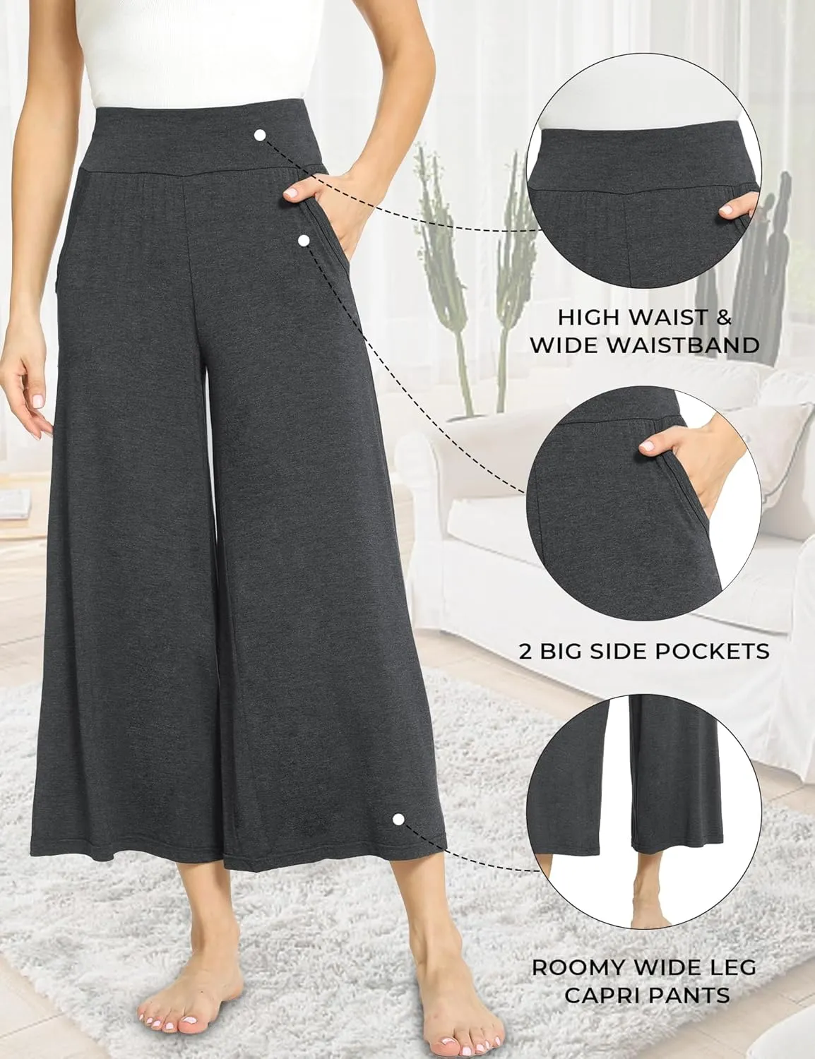 Bamboo Viscose Capri Pants for Women, Wide Leg Cropped Pajama Pants, Loose Yoga Sweatpants, Palazzo Lounge Pj Bottoms