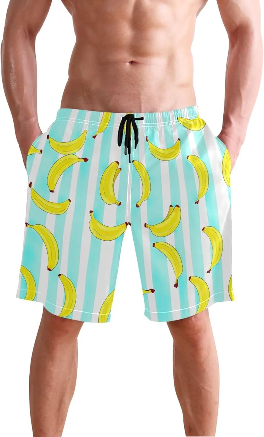 Banana White Stripes Men's Swim Trunks Funny Bathing Shorts Quick Dry Surf Mens Shorts Casual S