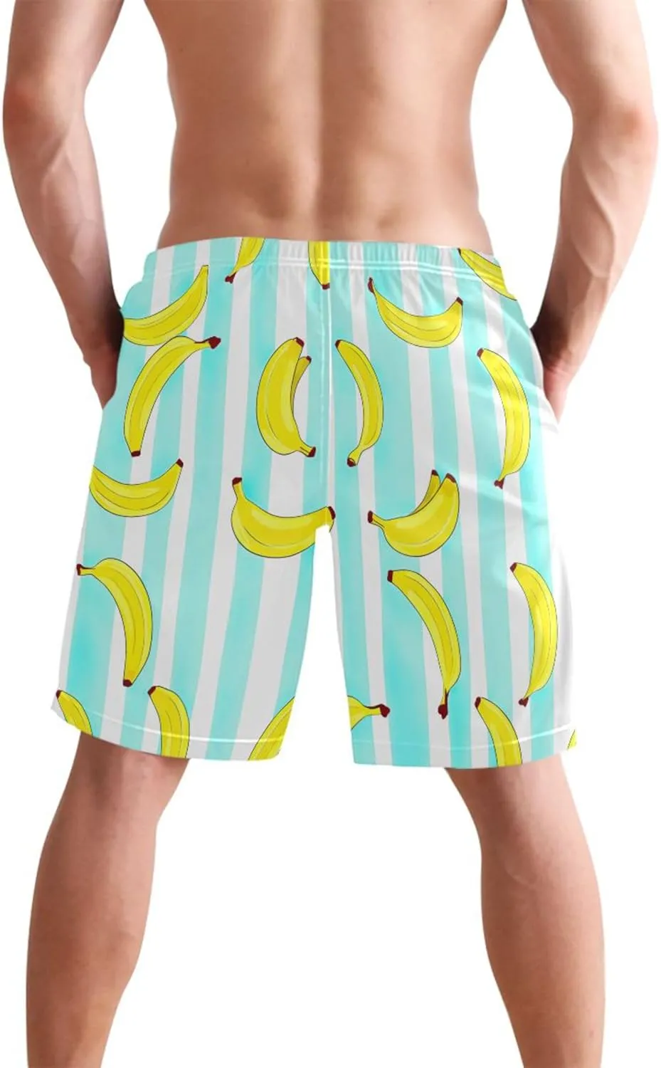 Banana White Stripes Men's Swim Trunks Funny Bathing Shorts Quick Dry Surf Mens Shorts Casual S