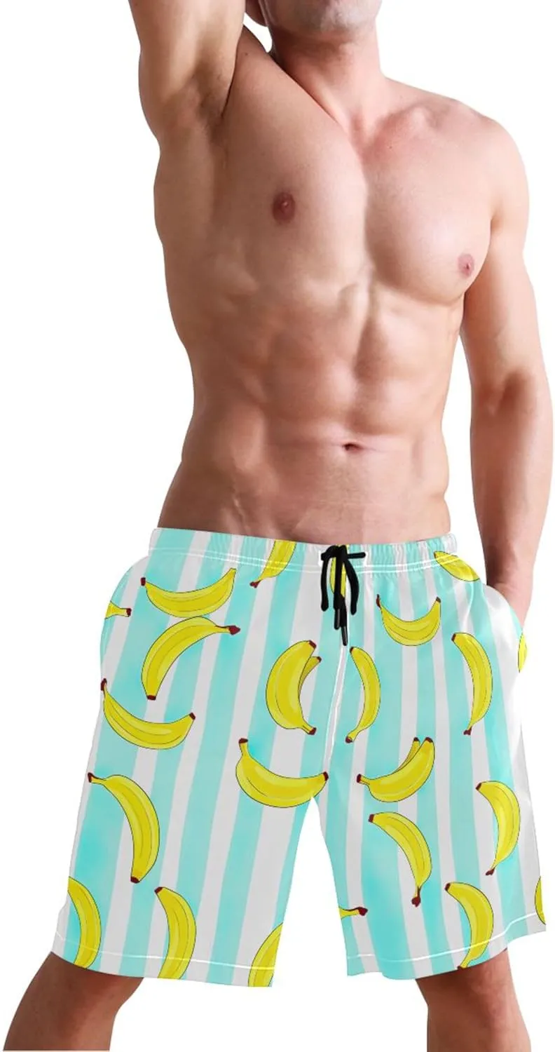Banana White Stripes Men's Swim Trunks Funny Bathing Shorts Quick Dry Surf Mens Shorts Casual S