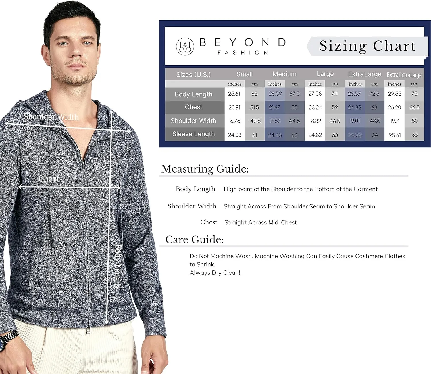 BEYOND FASHION Men's 100% Pure Cashmere Sweater Pocket Full Zip Hoodie Cardigan