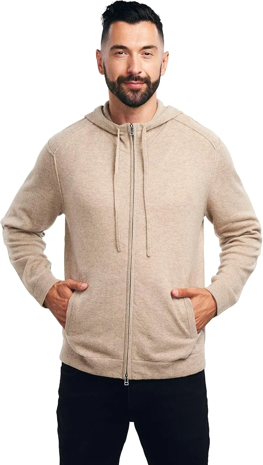 BEYOND FASHION Men's 100% Pure Cashmere Sweater Pocket Full Zip Hoodie Cardigan
