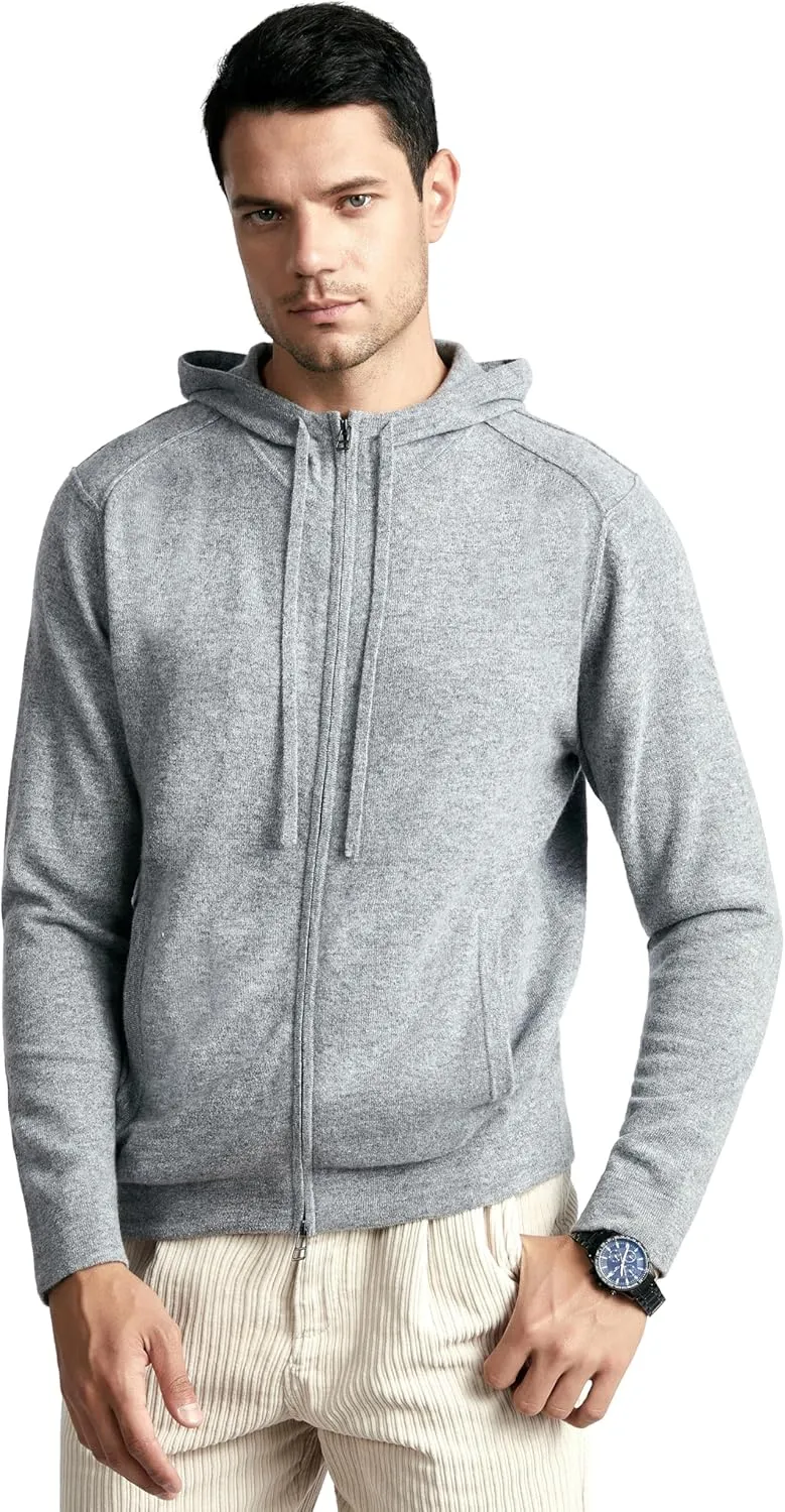 BEYOND FASHION Men's 100% Pure Cashmere Sweater Pocket Full Zip Hoodie Cardigan