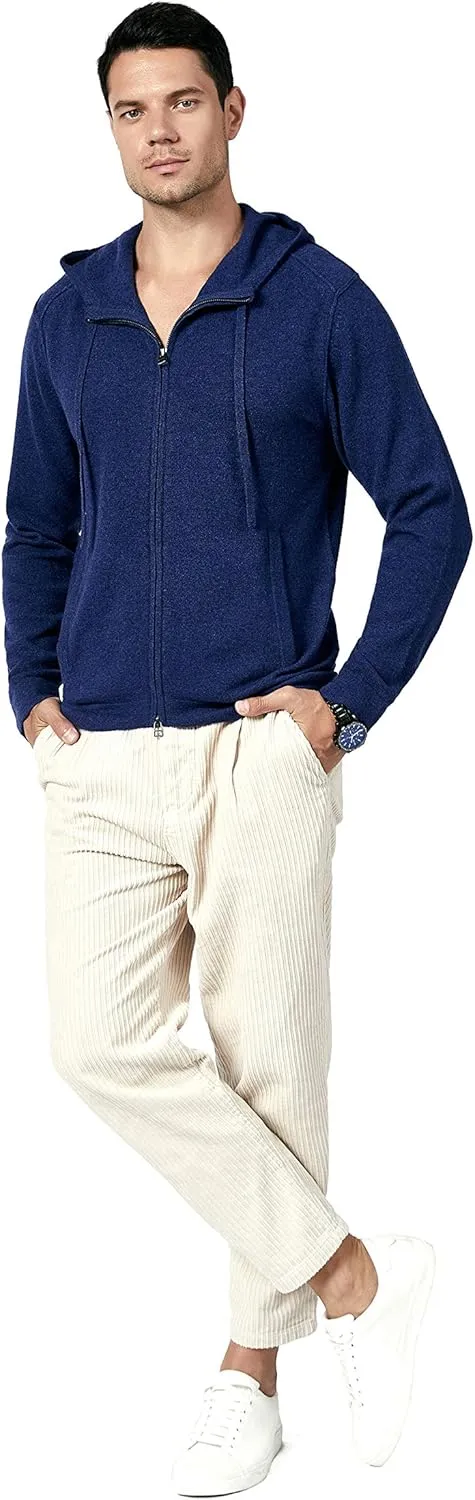 BEYOND FASHION Men's 100% Pure Cashmere Sweater Pocket Full Zip Hoodie Cardigan