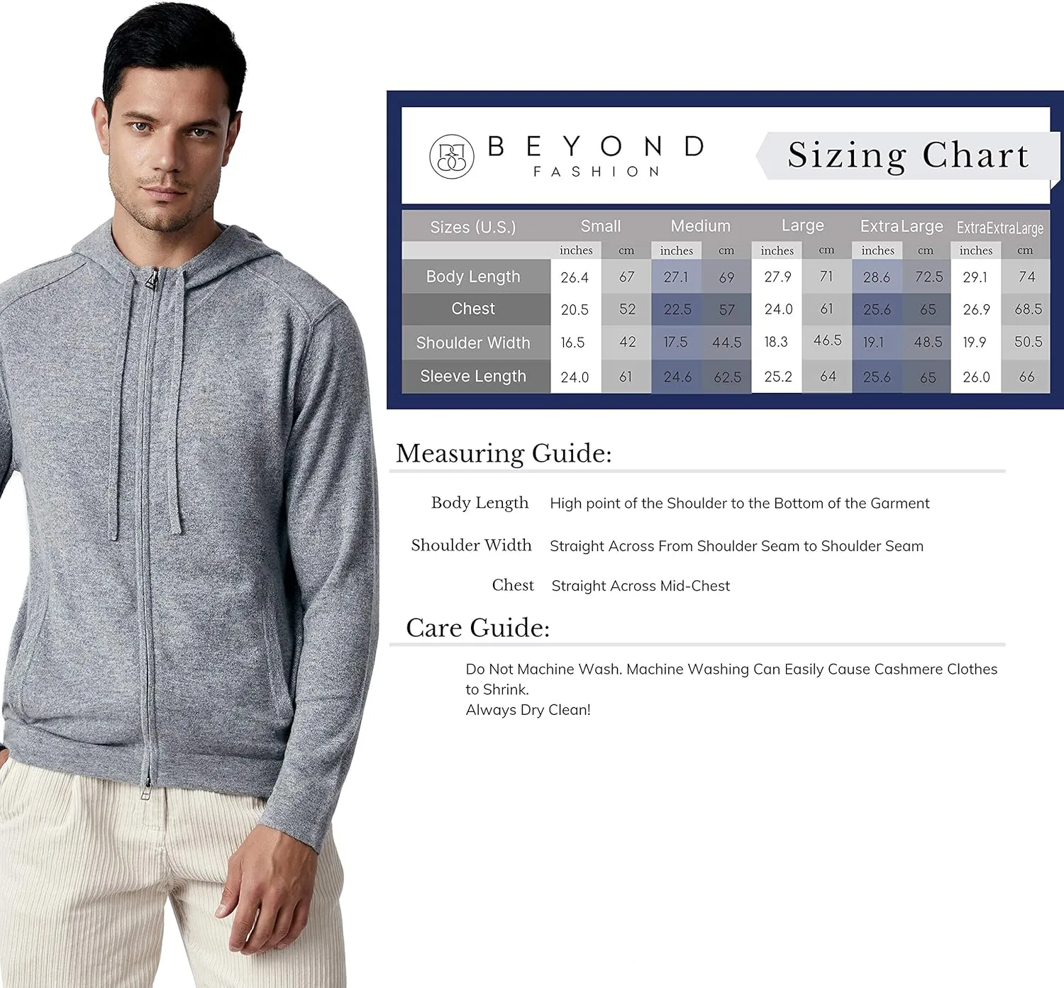 BEYOND FASHION Men's 100% Pure Cashmere Sweater Pocket Full Zip Hoodie Cardigan