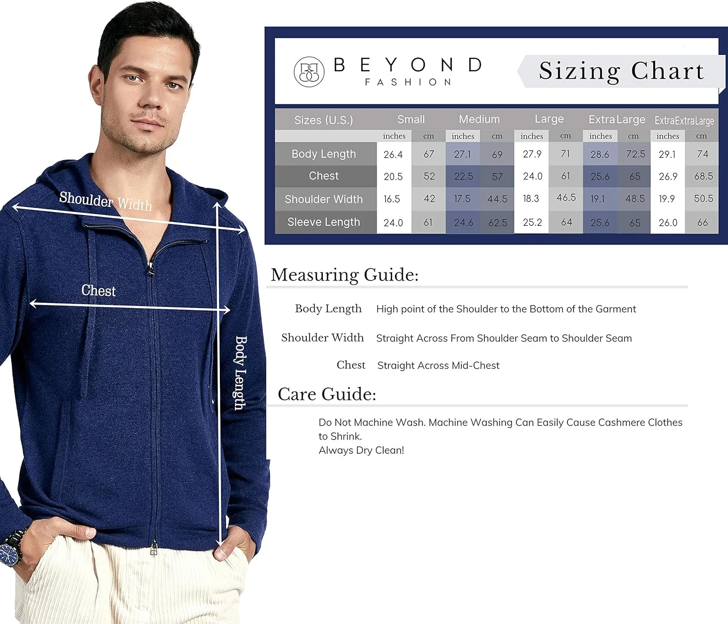 BEYOND FASHION Men's 100% Pure Cashmere Sweater Pocket Full Zip Hoodie Cardigan