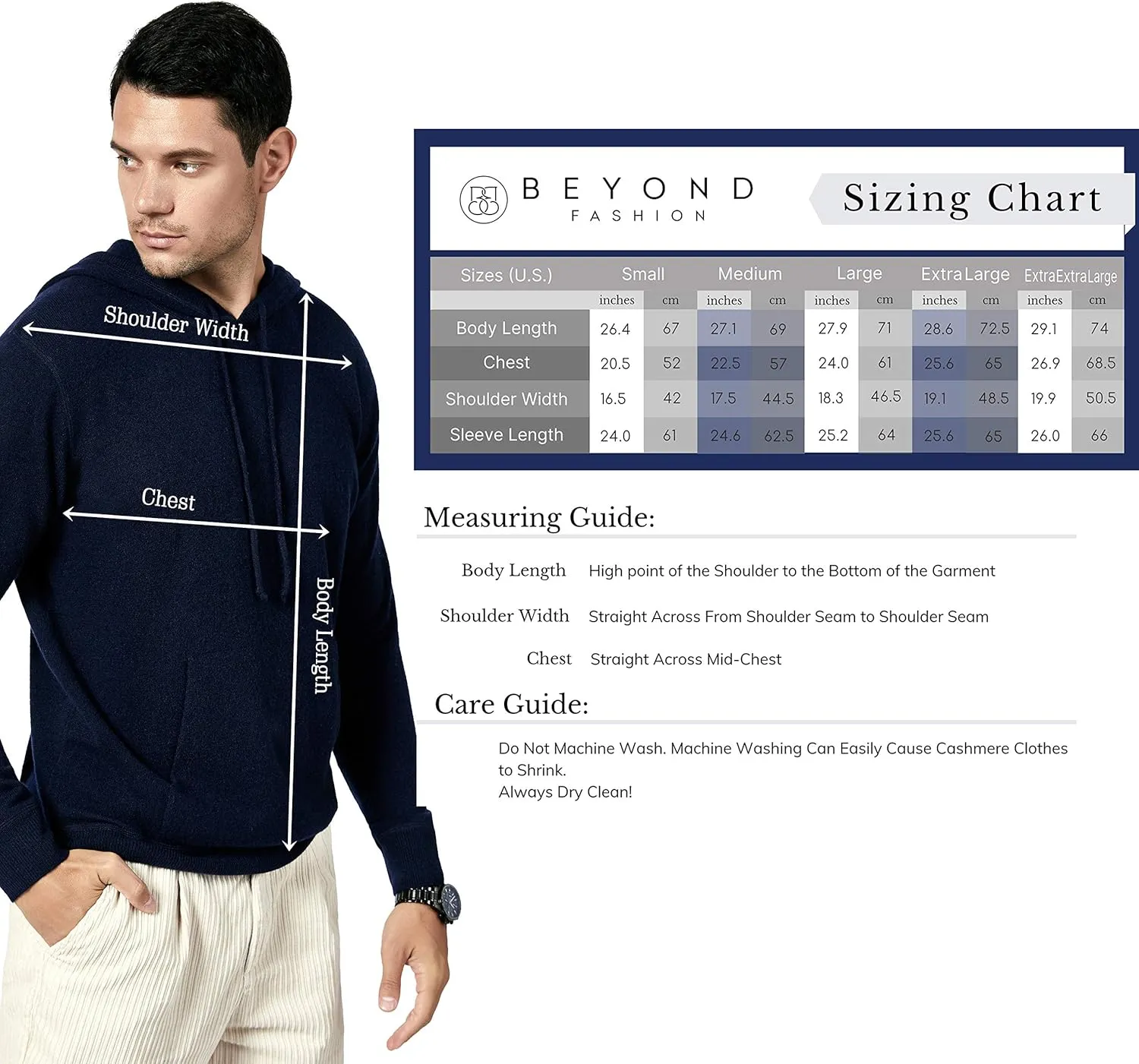 BEYOND FASHION Men's Sweater Pocket Hoodie Pullover - 100% Pure Cashmere