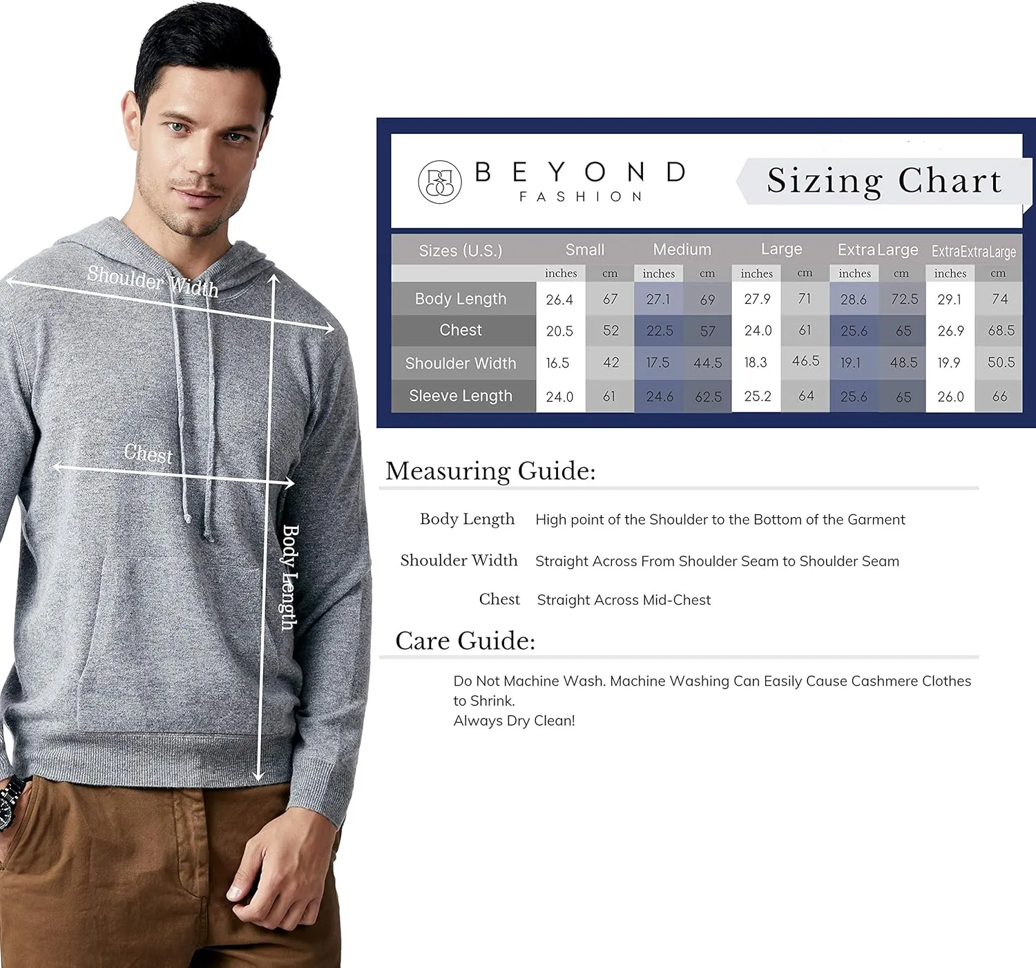 BEYOND FASHION Men's Sweater Pocket Hoodie Pullover - 100% Pure Cashmere