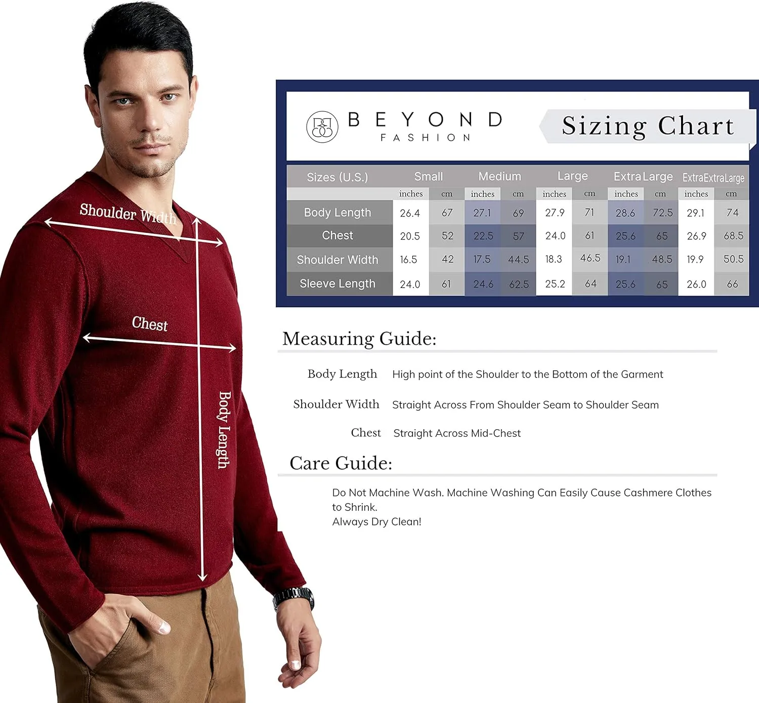 BEYOND FASHION Men's Sweater V Neck Long Sleeve Pullover - 100% Pure Cashmere