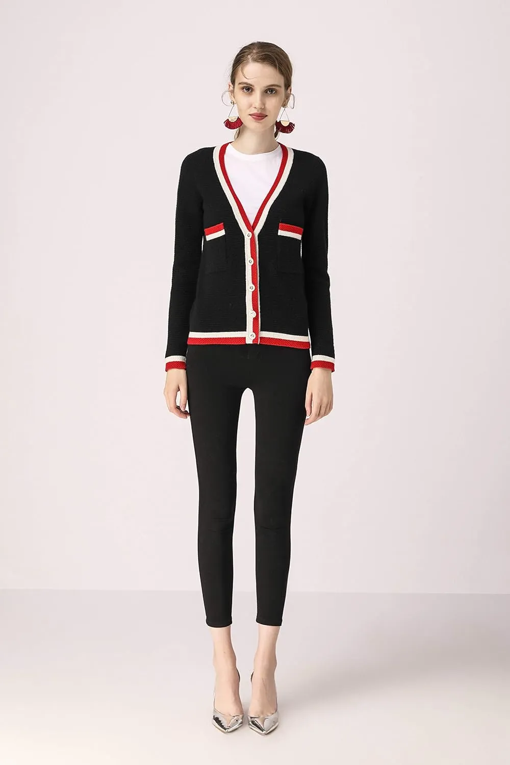 BEYOND FASHION Women Cardigan Sweater V neck Button Front - 100% Pure Cashmere